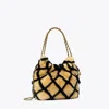 Tory Burch Mini Fleming Shearling Drawstring Bag In Toffee