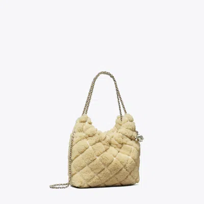 Tory Burch Mini Fleming Shearling Hobo Bag In White