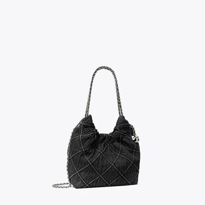 Tory Burch Mini Fleming Soft Denim Hobo Bag In Black