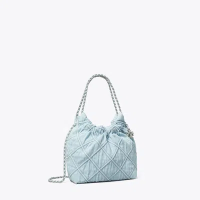 Tory Burch Mini Fleming Soft Denim Hobo Bag In Seltzer