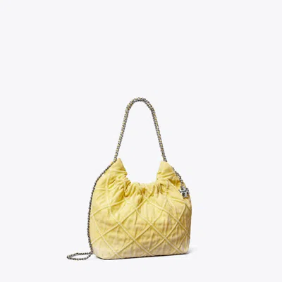 Tory Burch Mini Fleming Soft Denim Hobo Bag In Yellow