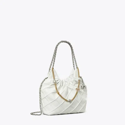 Tory Burch Mini Fleming Soft Distressed Hobo Bag In White