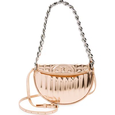 Tory Burch Mini Fleming Soft Metallic Crescent Shoulder Bag In Rose Gold