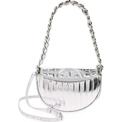 Tory Burch Mini Fleming Soft Crescent Bag In Silver
