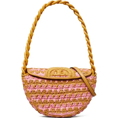 Tory Burch Mini Fleming Soft Raffia Crochet Crescent Shoulder Bag