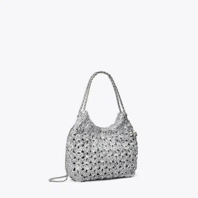 Tory Burch Mini Fleming Woven Hobo Bag In Silver