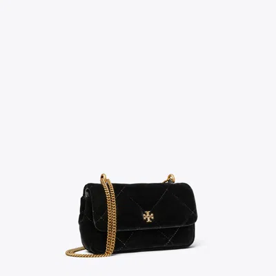 Tory Burch Mini Kira Diamond Quilt Velvet Pavé Flap Bag In Black