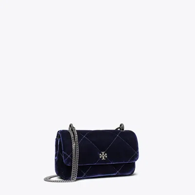 Tory Burch Mini Kira Diamond Quilt Velvet Pavé Flap Bag In Blue