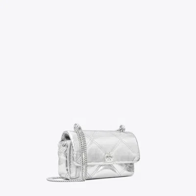 Tory Burch Mini Kira Metallic Diamond Quilt Flap Bag In Silver