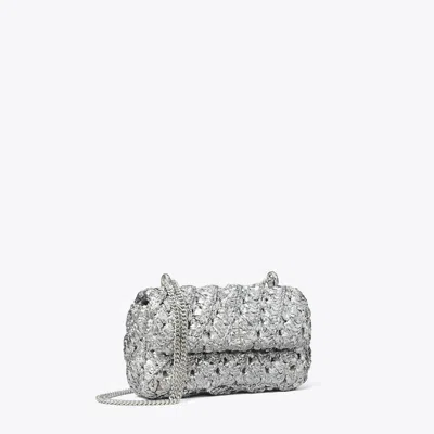 Tory Burch Mini Kira Woven Flap Bag In Silver