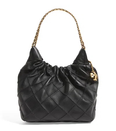 Tory Burch Fleming Mini Quilted Leather Hobo Bag In Black