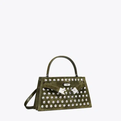 Tory Burch Mini Lee Radziwill Studded Suede Top-handle Bag In Green