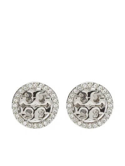 Tory Burch Mini Logoed Earrings In Silver
