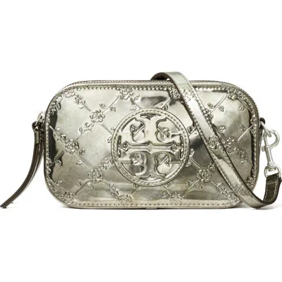Tory Burch Mini Miller Embossed Floral Metallic Leather Crossbody Bag In Pewter