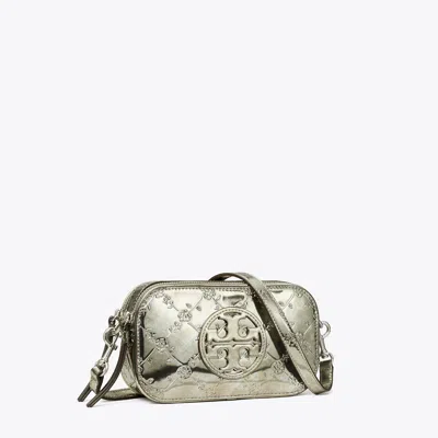 Tory Burch Mini Miller Metallic Floral-embossed Crossbody Bag In Pewter
