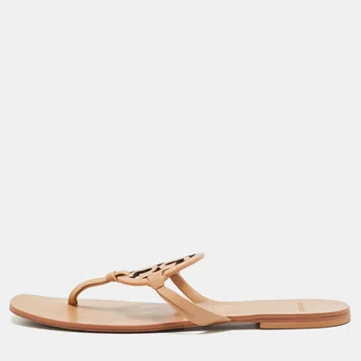 Pre-owned Tory Burch Mini Miller Size 37.5 Beige Leather Square Toe Thong Flat Slide