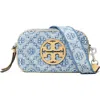 Tory Burch Mini Miller T Monogram Denim Crossbody Bag In Powder Blue