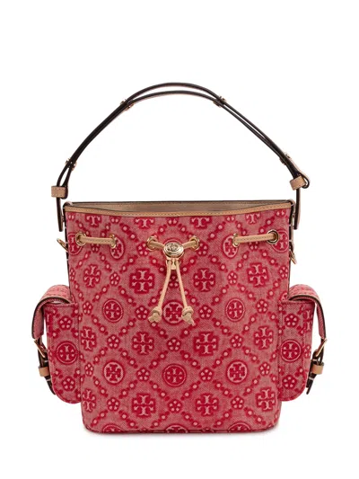 Tory Burch Mini Monogram Drawstring Bag With Pocket In Brillant Red