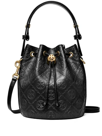 Tory Burch Mini Monogram-embossed Bucket Bag In Black