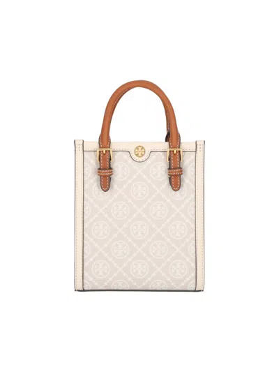 Tory Burch Mini Shopping In Monogram Fabric In Beige