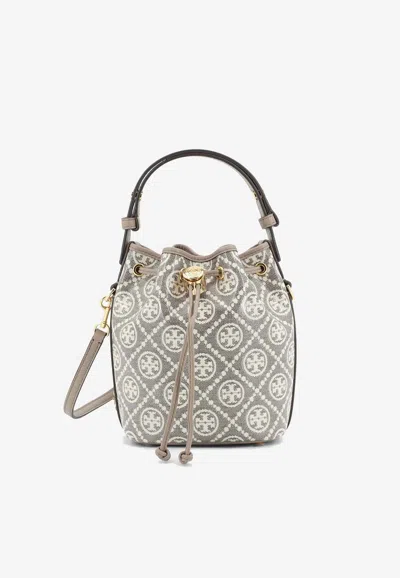 Tory Burch Mini T Monogram Coated Canvas Bucket Bag In Taupe