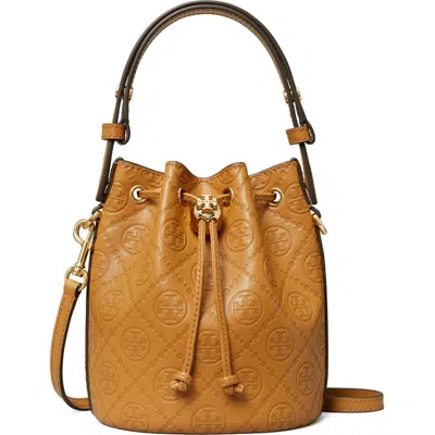 Tory Burch Mini T Monogram Debossed Bucket Bag In Tan