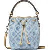 Tory Burch Mini T Monogram Denim Bucket Bag In Powder Blue