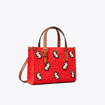 Tory Burch Mini T Monogram Embroidered Rabbit Square Tote In Red