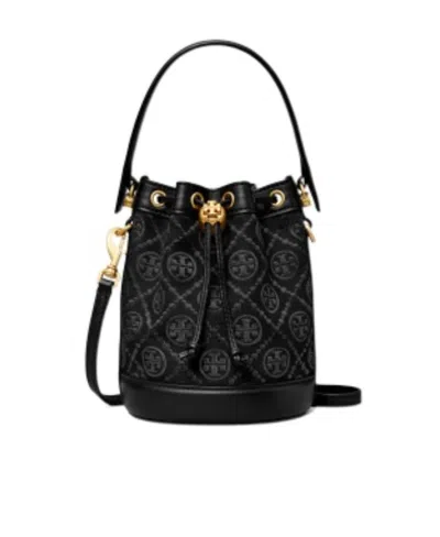 Tory Burch Mini T Monogram Jacquard Bucket Bag In Black