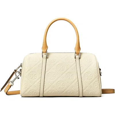 Tory Burch Mini T Monogram Leather Barrel Bag In White