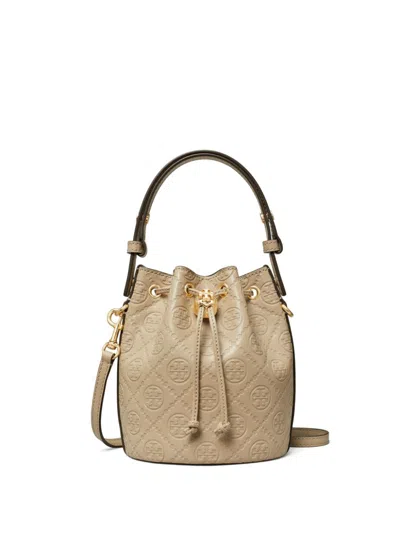 Tory Burch Mini T Monogram Leather Bucket Bag In Neutrals