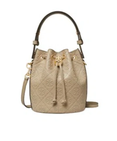 Tory Burch Mini T Monogram Leather Bucket Bag In Nude