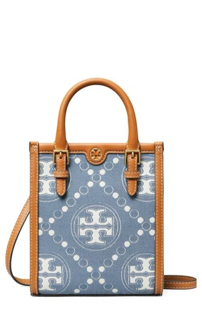 Tory Burch Mini T Monogram North/south Denim Tote In Multi
