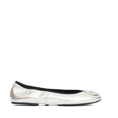 Tory Burch Silver Colored Ballerinas With Logo Plaque On The Front And Elasticated Design In Leather Woman