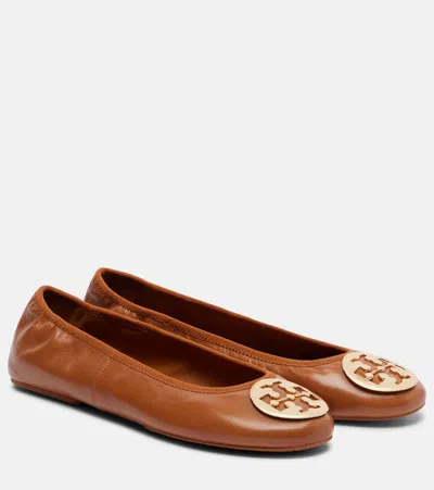 Tory Burch Minnie Leather Ballet Flats In Brown