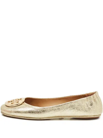 Pre-owned Tory Burch Minnie Leather Balley Flats In Gold