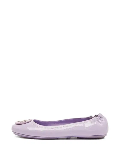Pre-owned Tory Burch Minnie Logo Leather Ballet Flats In Purple