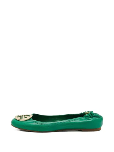 Pre-owned Tory Burch Minnie Logo-medallion Ballet Flats In Green