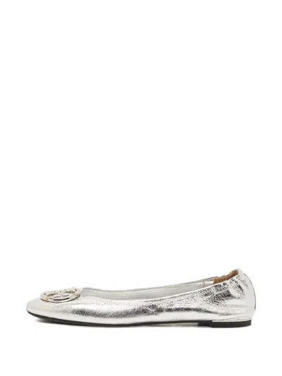 Pre-owned Tory Burch Minnie Logo-plaque Ballet Flats In Silver