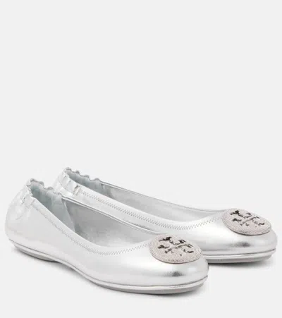 Tory Burch Minnie Travel Metallic Leather Ballet Flats In Silver