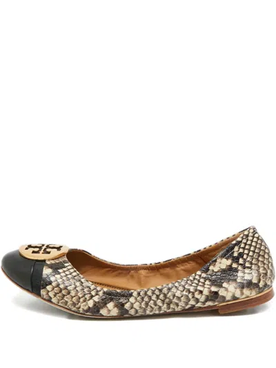 Pre-owned Tory Burch Minnie Python-embossed Ballets Flats In Neutral