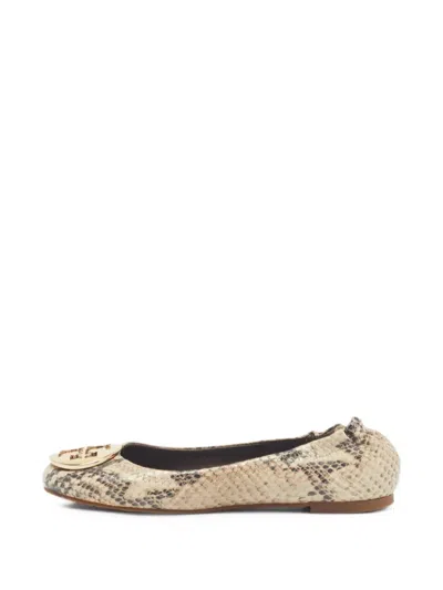 Pre-owned Tory Burch Minnie Python-effect Ballet Flats In Neutral