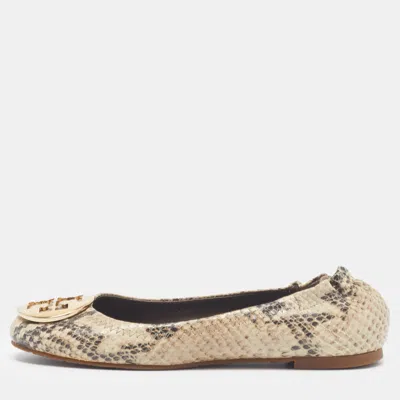 Pre-owned Tory Burch Minnie Size 35 Two Tone Python Embossed Leather Ballet Flats In Sand
