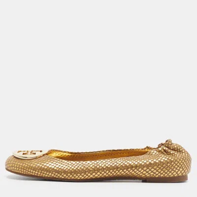 Pre-owned Tory Burch Minnie Size 37.5 Gold Snakeskin Embossed Leather Ballet Flats