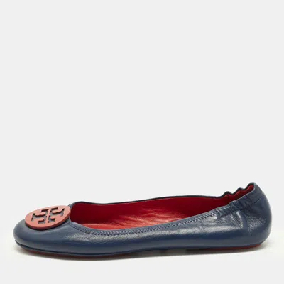 Pre-owned Tory Burch Minnie Size 40 Navy Blue Leather Ballet Flats