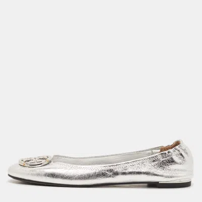 Pre-owned Tory Burch Minnie Size 40.5 Silver Foil Leather Ballet Flats