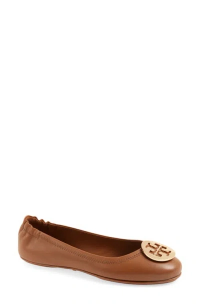 Tory Burch Leather Ballet Flats With Logo In Brown