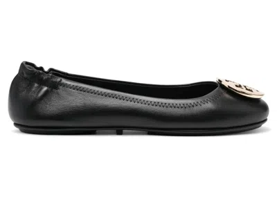 Pre-owned Tory Burch Minnie Travel Ballet Flats (women's) Sneakers In Perfect Black/gold