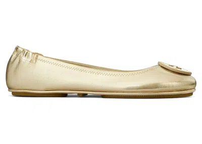 Pre-owned Tory Burch Minnie Travel Ballet Flats (women's) Sneakers In Spark Gold