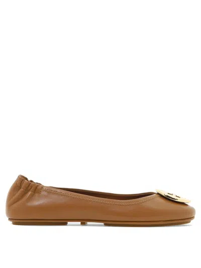 Tory Burch Minnie Travel Ballet With Metal Logo In Brown